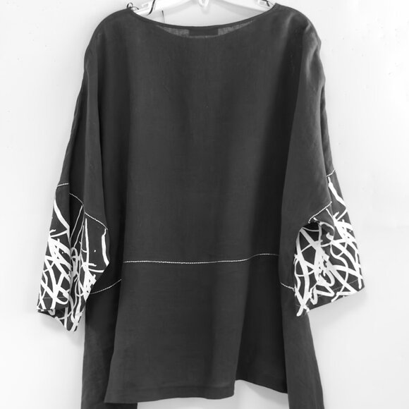 Black Linen Top and Harem Pants Set with White Print & Embroidery New XL or sz 3 - Picture 9 of 16